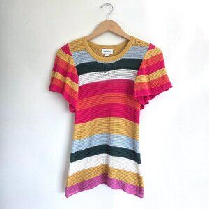 Evereve Cotton Short Sleeve Butterfly Arm Rainbow Colorful Crochet Sweater